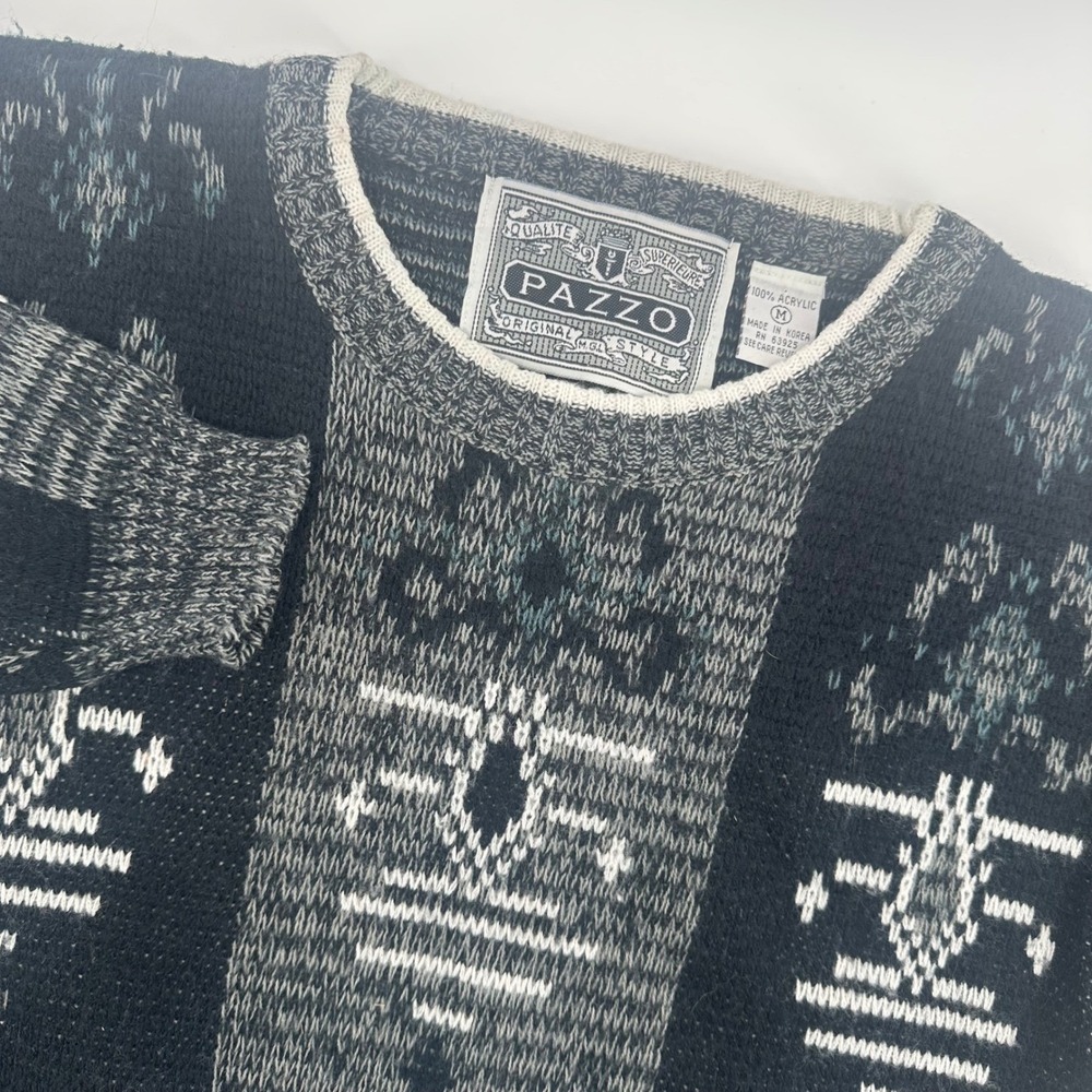 PAZZO Vintage Abstract Sweater Mens M Black Gray Crew‎ Neck Knitwear Pullover